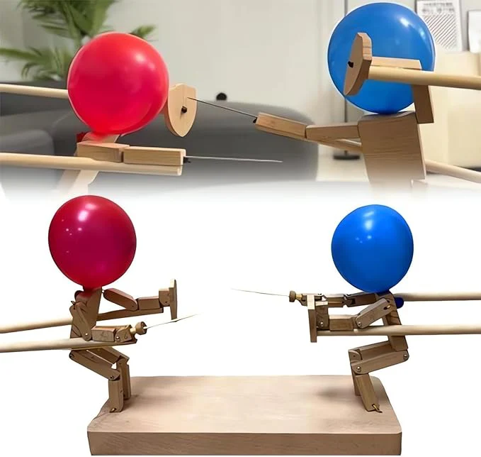 Handmade Wooden Fighter Puppets with Balloon Heads - Image 5